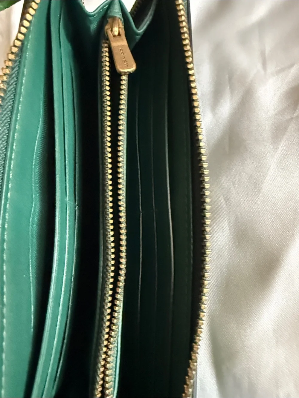 Coach Green Leather Zip Wallet with Gold Logo